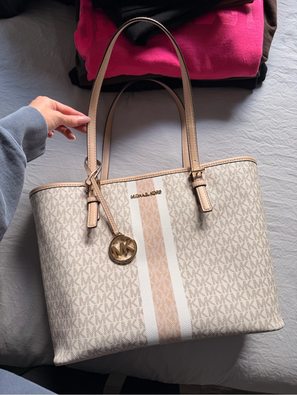 Michael Kors Beige and Cream Signature Stripe Tote